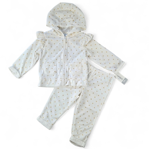 Carter’s Baby Girl Hoodie & Pants Set | 18M | Ivory Gold Dot Ruffle | 2pc Outfit - Picture 1 of 10